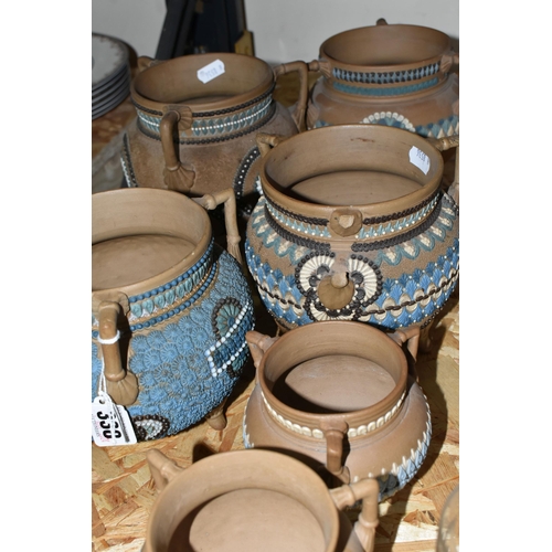 338 - A GROUP OF LATE 19TH CENTURY DOULTON SILICON WARE CAULDRONS, comprising four large cauldrons, height... 