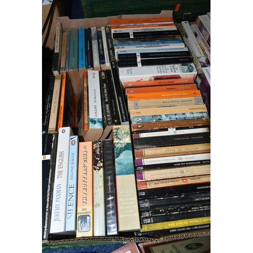 342 - THREE BOXES OF BOOKS, OVER SIXTY MID CENTURY PENGUIN PAPERBACKS AND ASSORTED HARDBACKS, mostly Greek... 