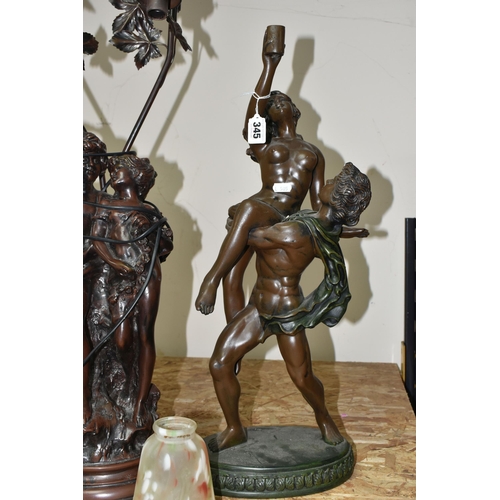 345 - A LAMP BASE, SCULPTURE AND LAMP SHADE, comprising a bronzed and coloured resin figural sculpture, de... 