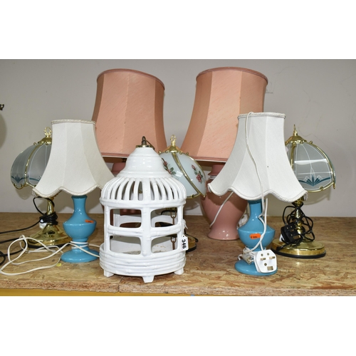 346 - A GROUP OF TABLE LAMPS AND CERAMIC LANTERN, comprising three pairs of table lamps, a single table la... 