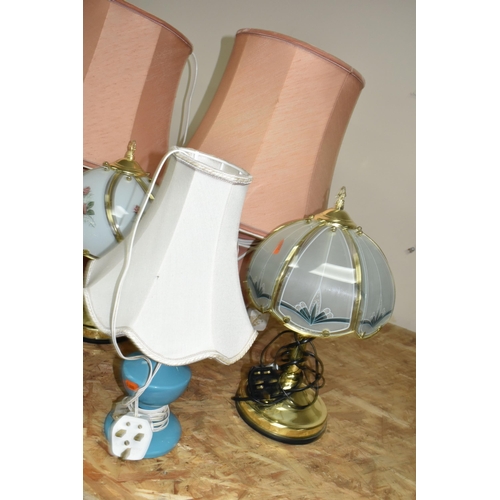 346 - A GROUP OF TABLE LAMPS AND CERAMIC LANTERN, comprising three pairs of table lamps, a single table la... 