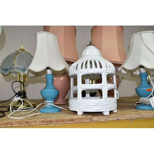 346 - A GROUP OF TABLE LAMPS AND CERAMIC LANTERN, comprising three pairs of table lamps, a single table la... 