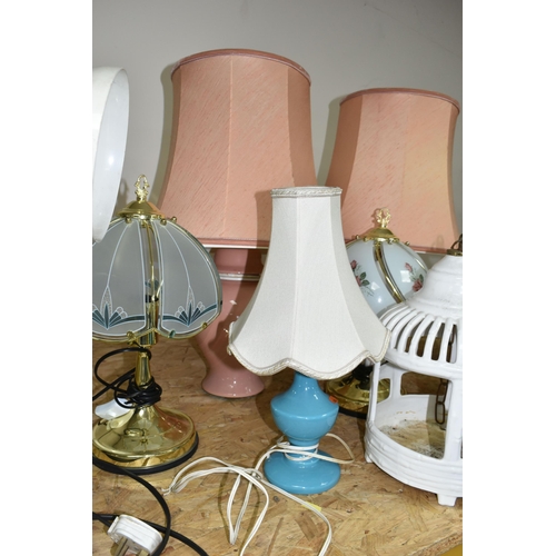 346 - A GROUP OF TABLE LAMPS AND CERAMIC LANTERN, comprising three pairs of table lamps, a single table la... 