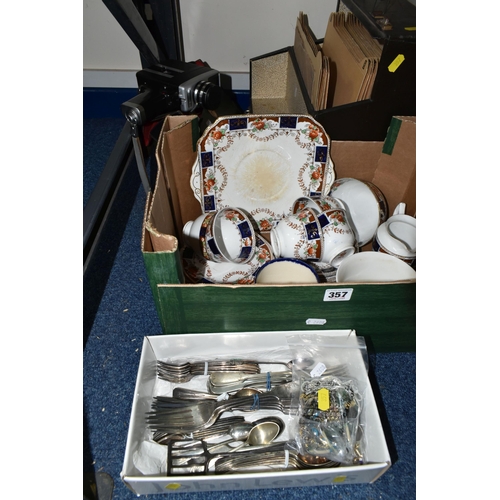 357 - TWO BOXES AND LOOSE CERAMICS, METAL WARES, COSTUME JEWELLERY AND SUNDRY ITEMS, to include a Royal Do... 