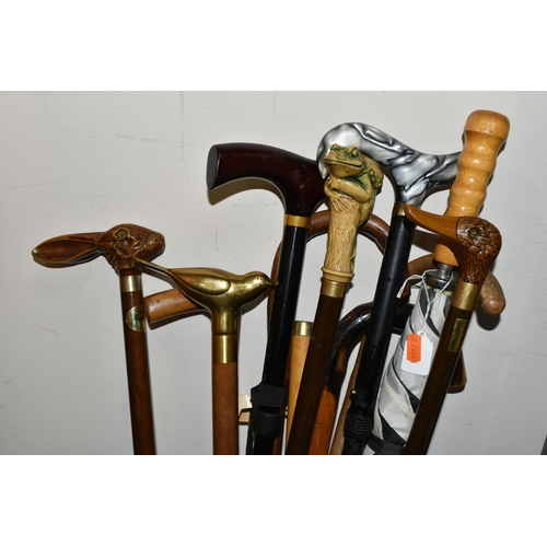 358 - A GROUP OF WALKING STICKS, twelve sticks and one golf umbrella, comprising a natural shaped walking ... 