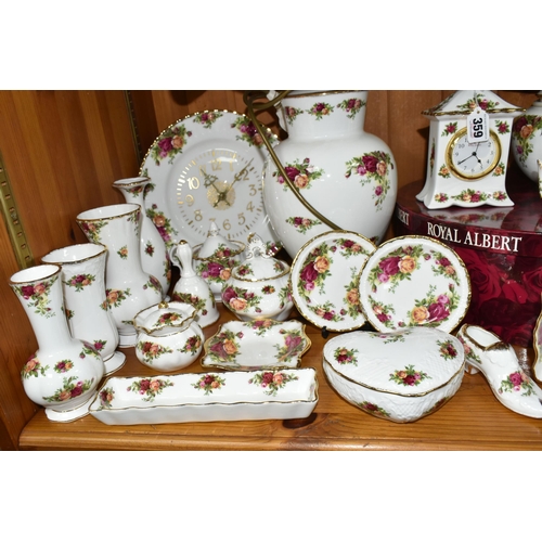 359 - A GROUP OF ROYAL ALBERT 'OLD COUNTRY ROSES' GIFTWARE, comprising a mantel clock, height 17cm, two ta... 