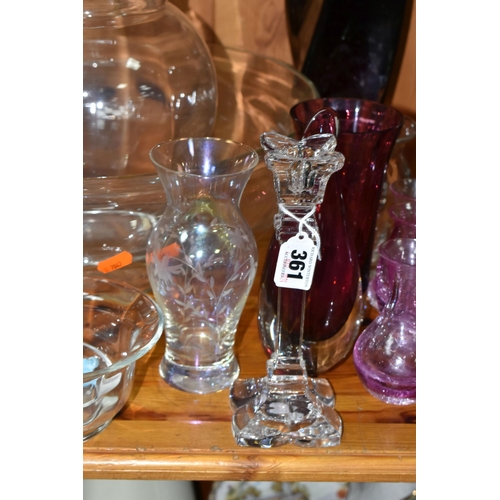 361 - A GROUP OF GLASSWARE, comprising a vintage Nachtmann Crystal candlestick, height 20cm, a red Murano ... 