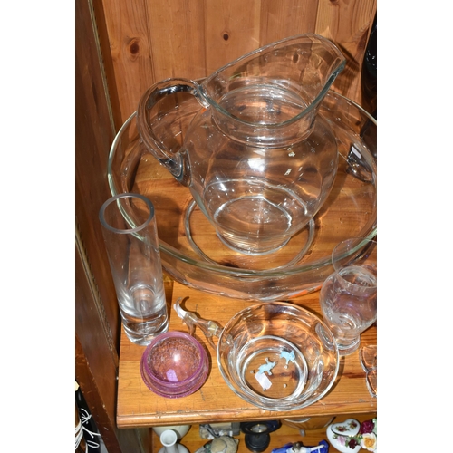 361 - A GROUP OF GLASSWARE, comprising a vintage Nachtmann Crystal candlestick, height 20cm, a red Murano ... 