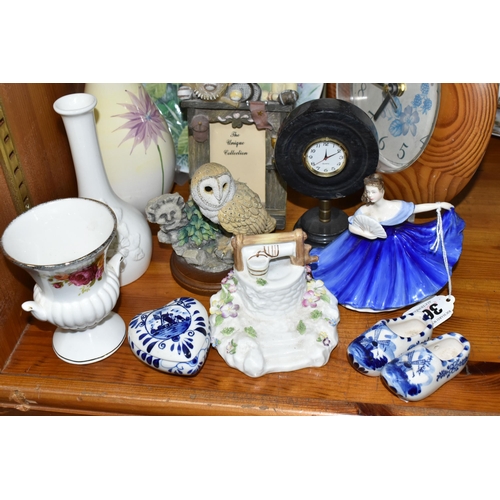 363 - A GROUP OF ORNAMENTS, comprising a Royal Doulton 'Elaine' HN3214 miniature figurine, a Delft Ware tr... 