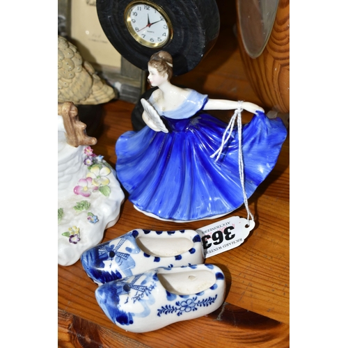 363 - A GROUP OF ORNAMENTS, comprising a Royal Doulton 'Elaine' HN3214 miniature figurine, a Delft Ware tr... 