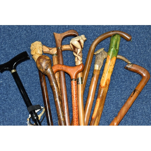 364 - A COLLECTION OF WALKING STICKS, comprising eleven sticks, a resin 'Beethoven' topped stick, an Orien... 