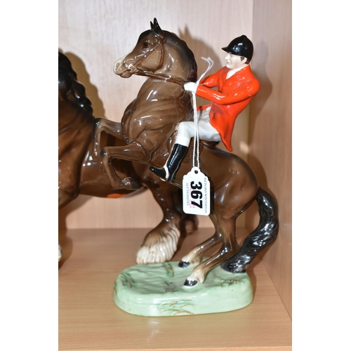 367 - TWO BESWICK FIGURES, comprising 'Rearing Huntsman' 868 and  'Prancing  Shire Horse' model No.975, br... 