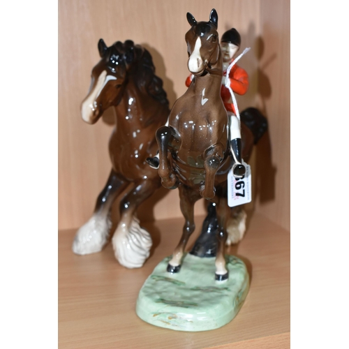 367 - TWO BESWICK FIGURES, comprising 'Rearing Huntsman' 868 and  'Prancing  Shire Horse' model No.975, br... 