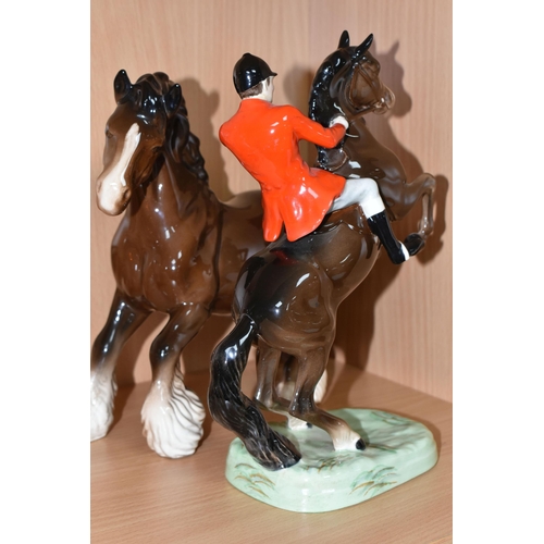 367 - TWO BESWICK FIGURES, comprising 'Rearing Huntsman' 868 and  'Prancing  Shire Horse' model No.975, br... 