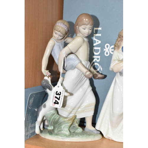 374 - A GROUP LLADRO AND NAO FIGURES, comprising a boxed Lladro 8353 'Oh Happy Days' figure designed by Ja... 