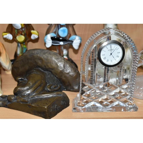 375 - A GROUP OF CUT CRYSTAL AND ORNAMENTS, comprising a Stuart Crystal mantel clock, a small Mats Jonasso... 