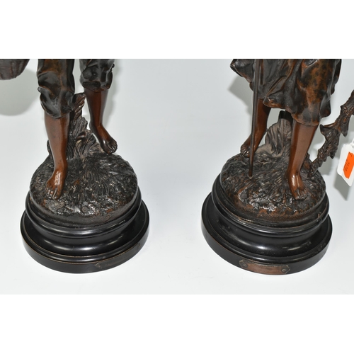 377 - TWO FRENCH BRONZED SPELTER FIGURES, comprising La Premiere Cueillée and La Glaneuse, height of talle... 