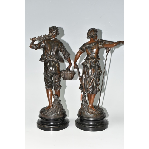 377 - TWO FRENCH BRONZED SPELTER FIGURES, comprising La Premiere Cueillée and La Glaneuse, height of talle... 