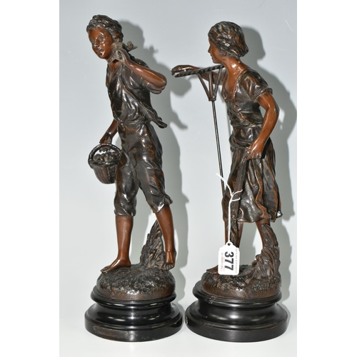 377 - TWO FRENCH BRONZED SPELTER FIGURES, comprising La Premiere Cueillée and La Glaneuse, height of talle... 