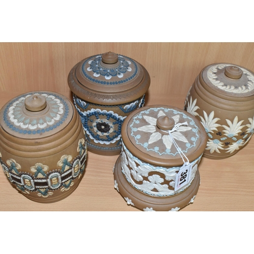 381 - A COLLECTION OF DOULTON SILICON WARE TOBACCO JARS, comprising four tobacco jars with original lids, ... 