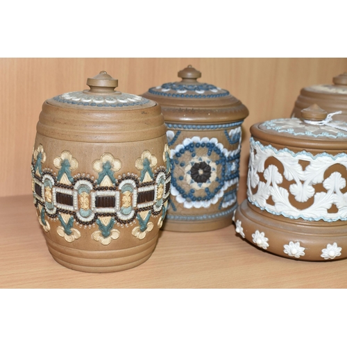 381 - A COLLECTION OF DOULTON SILICON WARE TOBACCO JARS, comprising four tobacco jars with original lids, ... 