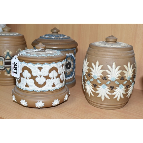 381 - A COLLECTION OF DOULTON SILICON WARE TOBACCO JARS, comprising four tobacco jars with original lids, ... 