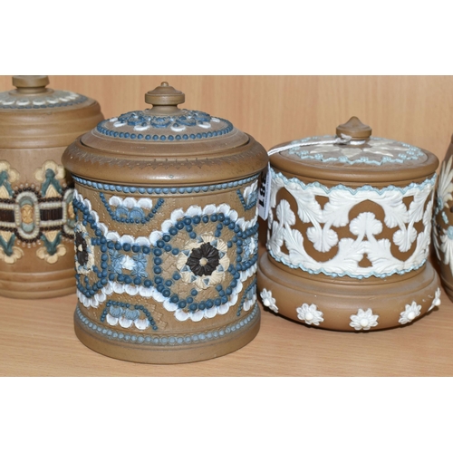 381 - A COLLECTION OF DOULTON SILICON WARE TOBACCO JARS, comprising four tobacco jars with original lids, ... 