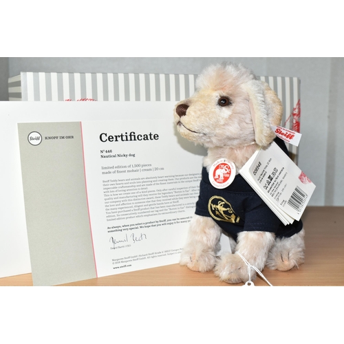 391 - A BOXED STEIFF LIMITED EDITION 'NAUTICAL NICKY', a dog with cream mohair and cotton 'fur', wearing a... 