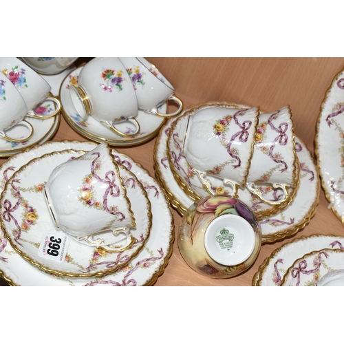 399 - A GROUP OF TEA WARE, comprising a sixteen piece Aynsley part tea set printed and tinted with garland... 