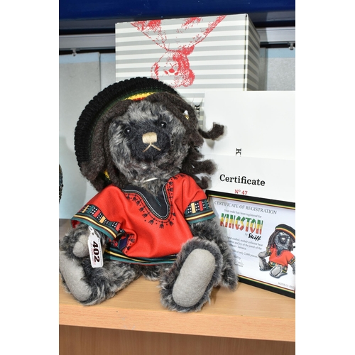 402 - A BOXED STEIFF LIMITED EDITION 'KINGSTON' TEDDY BEAR, with dark grey tipped mohair and cotton 'fur',... 