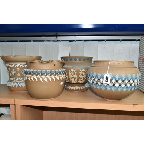 403 - FOUR DOULTON LAMBETH SILICON WARE PLANTERS, with applied floral, foliate and patterned decoration, i... 