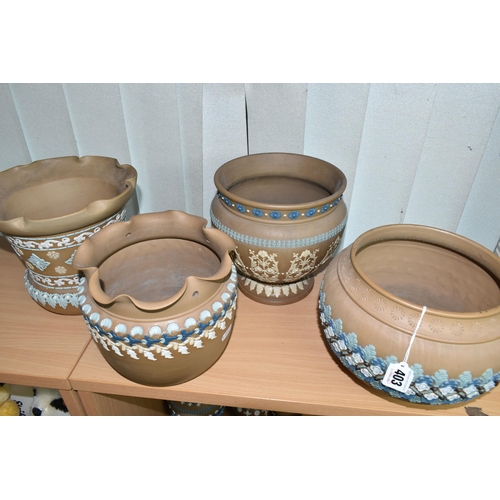 403 - FOUR DOULTON LAMBETH SILICON WARE PLANTERS, with applied floral, foliate and patterned decoration, i... 