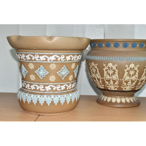 403 - FOUR DOULTON LAMBETH SILICON WARE PLANTERS, with applied floral, foliate and patterned decoration, i... 