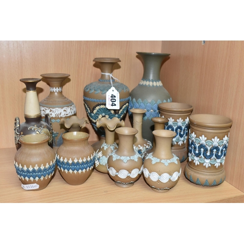 404 - A GROUP OF DOULTON LAMBETH SILICON WARE VASES, fourteen vases with applied floral, foliate and patte... 