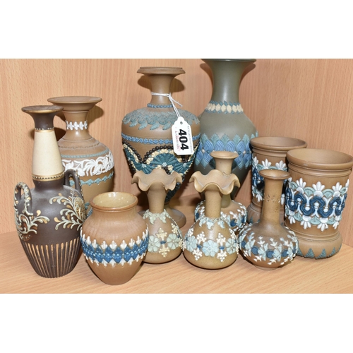 404 - A GROUP OF DOULTON LAMBETH SILICON WARE VASES, fourteen vases with applied floral, foliate and patte... 