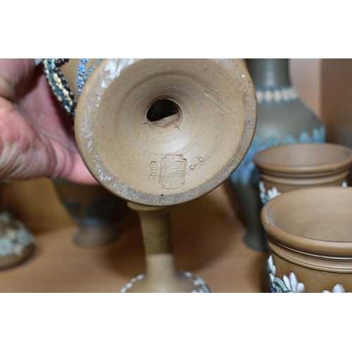 404 - A GROUP OF DOULTON LAMBETH SILICON WARE VASES, fourteen vases with applied floral, foliate and patte... 