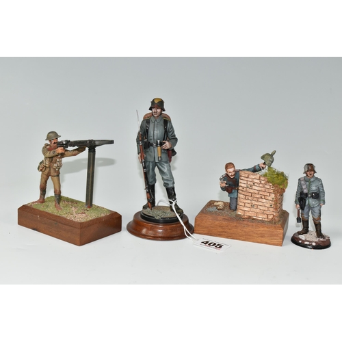 405 - FOUR DIECAST FIGURES OF SOLDIERS, in British and German First World War uniforms, with weapons etc.,... 