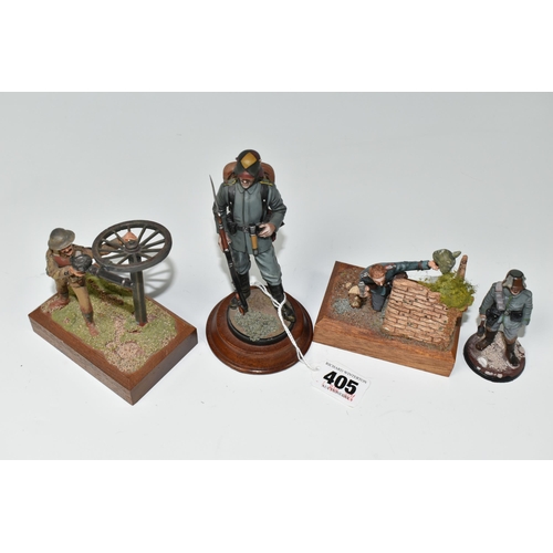 405 - FOUR DIECAST FIGURES OF SOLDIERS, in British and German First World War uniforms, with weapons etc.,... 