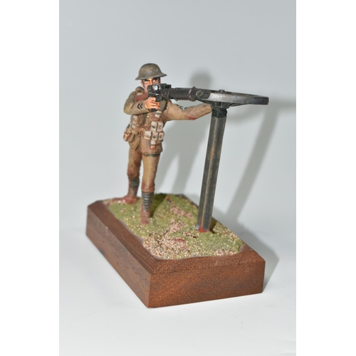 405 - FOUR DIECAST FIGURES OF SOLDIERS, in British and German First World War uniforms, with weapons etc.,... 