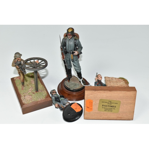 405 - FOUR DIECAST FIGURES OF SOLDIERS, in British and German First World War uniforms, with weapons etc.,... 