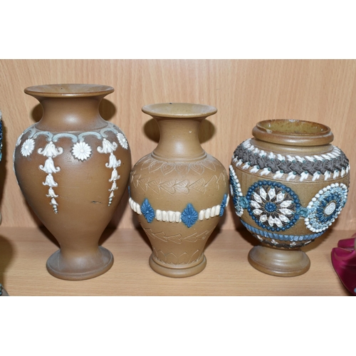 407 - A GROUP OF DOULTON LAMBETH SILICON WARE VASES, eleven vases with applied floral, foliate and pattern... 