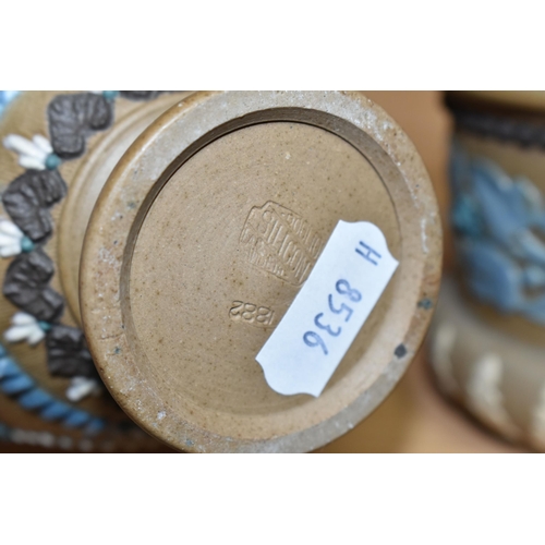 407 - A GROUP OF DOULTON LAMBETH SILICON WARE VASES, eleven vases with applied floral, foliate and pattern... 