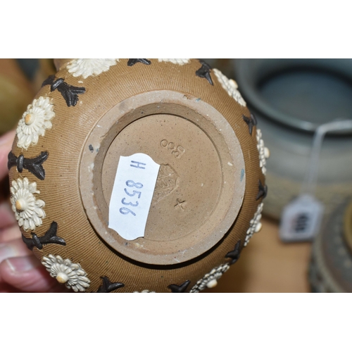 408 - A GROUP OF DOULTON LAMBETH SILICON WARE POTS, eight pieces with applied floral, foliate and patterne... 