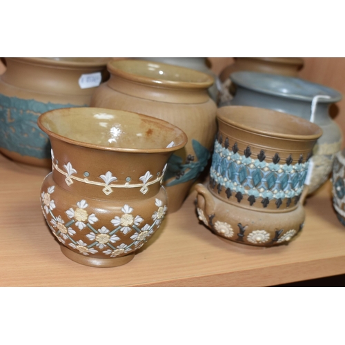 408 - A GROUP OF DOULTON LAMBETH SILICON WARE POTS, eight pieces with applied floral, foliate and patterne... 