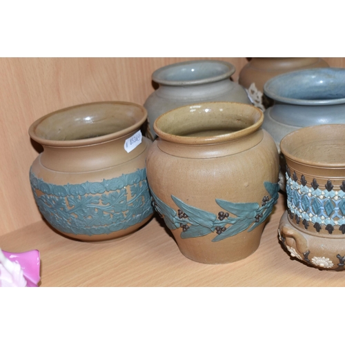 408 - A GROUP OF DOULTON LAMBETH SILICON WARE POTS, eight pieces with applied floral, foliate and patterne... 