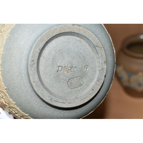 408 - A GROUP OF DOULTON LAMBETH SILICON WARE POTS, eight pieces with applied floral, foliate and patterne... 