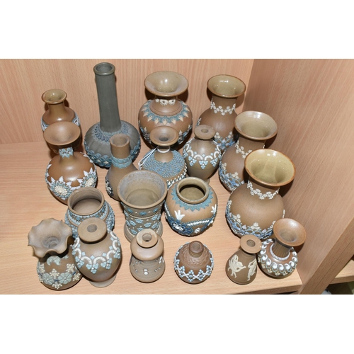 411 - A GROUP OF DOULTON LAMBETH SILICON WARE VASES, nineteen vases with applied floral, foliate and patte... 