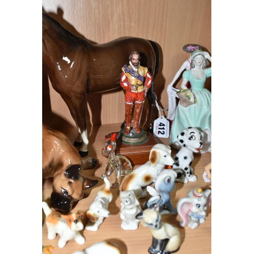 412 - A GROUP OF CERAMIC FIGURES, ETC, to include a Beswick Arab 'Bahrain' model no 1771 (both ears chippe... 