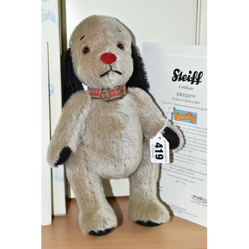 419 - A BOXED STEIFF LIMITED EDITION 'SWEEP', the character from the Sooty TV Show, jointed with black and... 