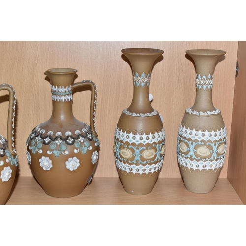 425 - A GROUP OF DOULTON LAMBETH SILICON WARE VASES AND JUGS, twelve pieces with applied floral, foliate a... 